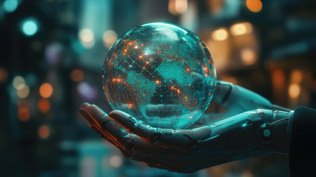 Close-up of robot and human hands together, holding a glowing digital world with a network pattern.の素材