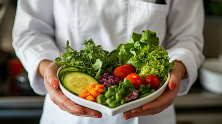 Close-up of a nutritionist holding a heart-shaped plate with an assortment of fresh veggies.の素材