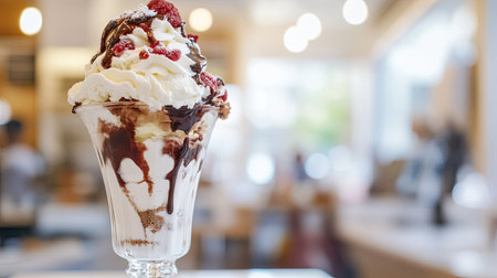 Close-up of a tall ice cream sundae with whipped cream, inside a clean white caf.の素材