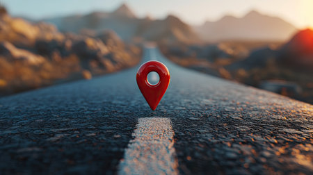 Close-up of a red map pin on a road with virtual reality elements. -の素材