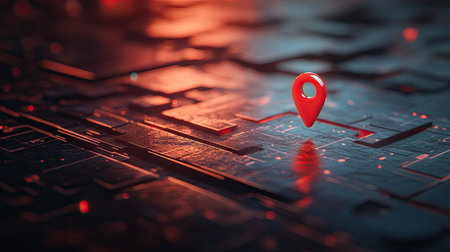 Close-up of a red map pin on a futuristic smart city road with transparent surfaces.の素材