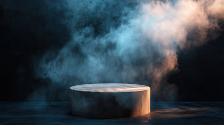 Cylindrical wooden display stand on a dark abstract wall, with a spotlight and rising smoke creating a moody scene.の素材