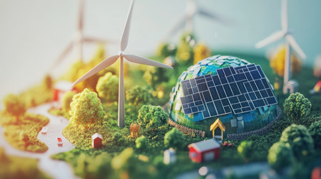 Colorful 3D globe featuring solar panels and wind turbines in a renewable energy concept.の素材