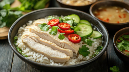 Close-up of Hainanese chicken rice and a bowl of soup, displayed on a dark wooden table, emphasizing the freshness and essence of Thai cuisine.の素材