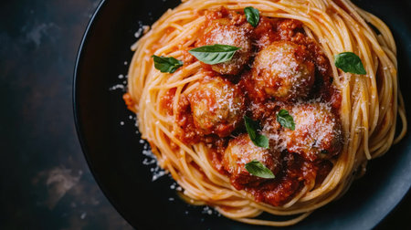 Close-up top view of spaghetti in rich Bolognese sauce, paired with meatballs, on a black plate against a dark tabletop.の素材
