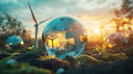 Colorful 3D globe featuring solar panels and wind turbines in a renewable energy concept.の素材