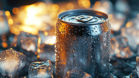 Cold drink can placed on ice cubes, with droplets of water on the can's surface, highlighting its refreshing coldness.の素材