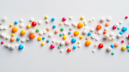 Colorful array of pills spilling onto a light grey backdrop, creating a visually appealing and lively composition. -の素材