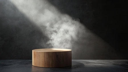 Cylindrical wooden display stand on a dark abstract wall, with rising smoke and spotlight creating a moody ambiance. -の素材
