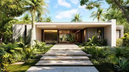 Contemporary 3D rendered home with a sleek facade and lush garden surroundings.の素材