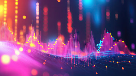 Colorful abstract 3D financial graph with intersecting shapes and glowing data points.の素材