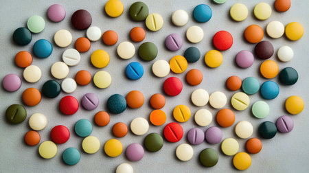 Colorful assortment of pills scattering across a light grey backdrop, forming a vibrant and dynamic arrangement.の素材