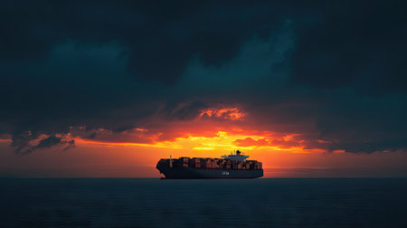 Container Ship in the evening sky.の素材