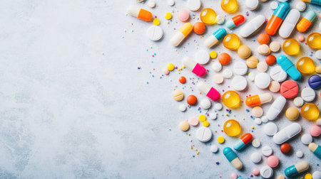 Colorful assortment of pills tumbling onto a light grey backdrop, creating a lively and eye-catching display. -の素材