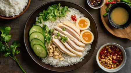 Dark wooden table featuring Hainanese chicken rice with a bowl of soup. A Thai food concept highlighting the rich flavors and authentic presentation.の素材