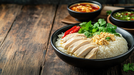 Dark wooden table featuring Hainanese chicken rice with a bowl of soup. A Thai food concept highlighting the rich flavors and authentic presentation.の素材