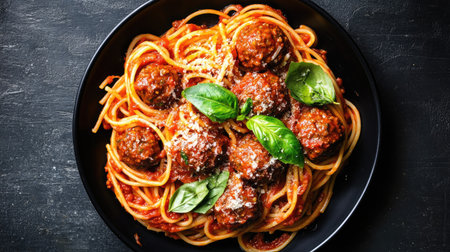 Delicious Italian spaghetti topped with Bolognese sauce and meatballs, styled on a black plate against a dark background, captured from above. -の素材