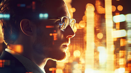 Double exposure businessman and stock market or forex graph suitable for financial investment concept. Economy trends background for business idea and all art work design. Abstract finance background.の素材