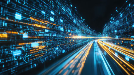 Digital data flow on road with motion blur to create vision of fast speed transfer . Concept of future digital transformation , disruptive innovation and agile business methodology . -の素材