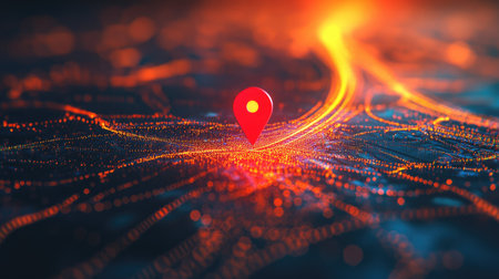 Digital grid road with a red map pin indicating a precise location. -の素材