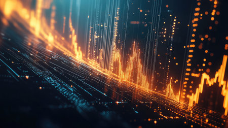 Dynamic 3D financial graph with abstract elements and glowing data lines.の素材