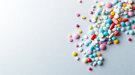 Diverse assortment of colorful pills tumbling onto a light grey backdrop, creating a dynamic and visually striking arrangement. -の素材
