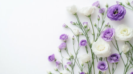Delicate arrangement of white and purple eustoma flowers on a white background, emphasizing their soft and elegant nature.の素材