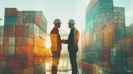 Double exposure of businessman and engineer wear a hardhat standing cargo at the container yard and greeting each other with handshake on construction site Cargo freight ship for import and export. -の素材