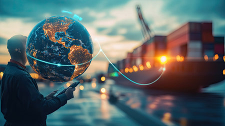 Double of engineer point to globe simulation with line connect to country with transportation shipment check for control loading containers box from Cargo freight ship for import and export -の素材