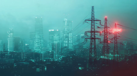 Double exposure of modern cityscape and electric circuit. -の素材