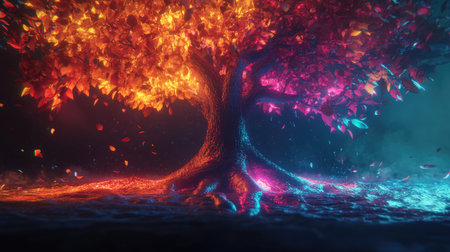 Dynamic 3D tree with glowing leaves and roots in vibrant colors, illustrating growth and life.の素材