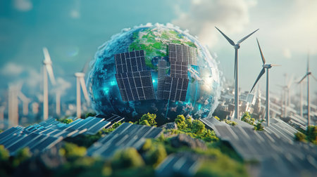 Dynamic 3D globe featuring solar panels and wind turbines, promoting clean energy. -の素材