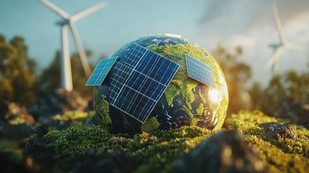 Dynamic 3D globe with solar panels and wind turbines, illustrating sustainable power. -の素材