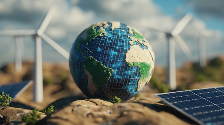 Dynamic 3D globe with solar panels and wind turbines, illustrating sustainable power. -の素材