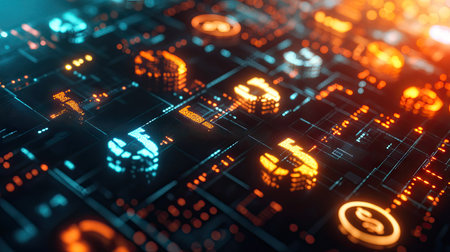 Dynamic 3D financial network with glowing interconnected currency symbols and a high-tech look.の素材