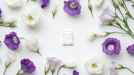 Elegant arrangement of white and purple eustoma flowers in a circular pattern on a white background, showcasing their grace. -の素材