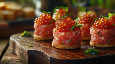 Elegant canap with tender raw beef tartar, salmon red caviar, and brioche, arranged on a rustic wooden board.の素材