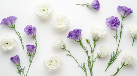 Elegant arrangement of white and purple eustoma flowers in a circular pattern on a white background, showcasing their grace. -の素材