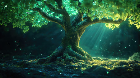 Dynamic 3D tree with luminous green leaves and roots, creating a vibrant and magical atmosphere.の素材