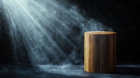 Elegant wooden cylinder display stand on a dark abstract background, with smoke rising and a spotlight emphasizing its form.の素材