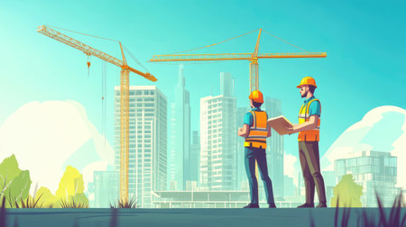 Engineer workers on background of construction cranes on background.の素材