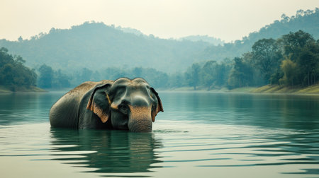 Elephant half-submerged in an Indian lake, enjoying the cool water, with a backdrop of rolling hills and forests.の素材