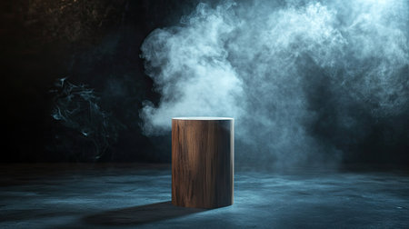 Elegant wooden cylinder display stand, dark abstract backdrop, with a spotlight and rising smoke for dramatic contrast. -の素材