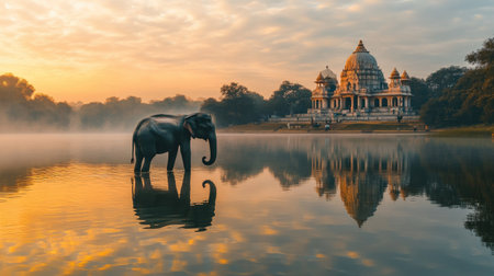 Elephant standing still in an Indian lake, its massive presence reflected in the calm waters, with a temple in the background. -の素材
