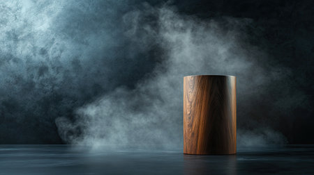 Empty wooden cylinder display stand on a dark abstract wall, with rising smoke and a spotlight highlighting its elegance.の素材