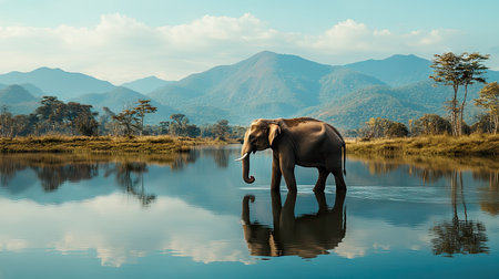 Elephant standing in the middle of an Indian lake, peacefully drinking water, with reflections of trees and mountains. -の素材