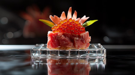 Fine dining canap featuring a brioche base, raw beef tartar, and salmon red caviar, plated on a reflective glass surface.の素材