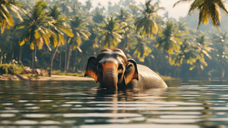 Elephant cooling itself in an Indian lake, water streaming off its body, with tropical trees lining the shore. -の素材