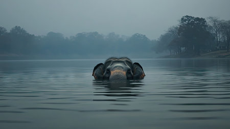 Elephant submerged in an Indian lake, only its head and trunk visible, surrounded by serene natural beauty.の素材