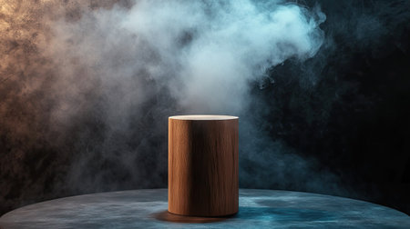 Empty wooden display stand, cylindrical, placed on a dark abstract wall, with dramatic smoke rising and a focused spotlight.の素材